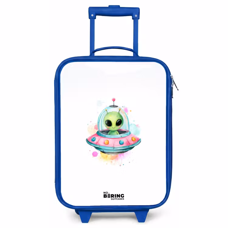 Kinderkoffer Blau - Grüner Außerirdischer in buntem UFO — 1