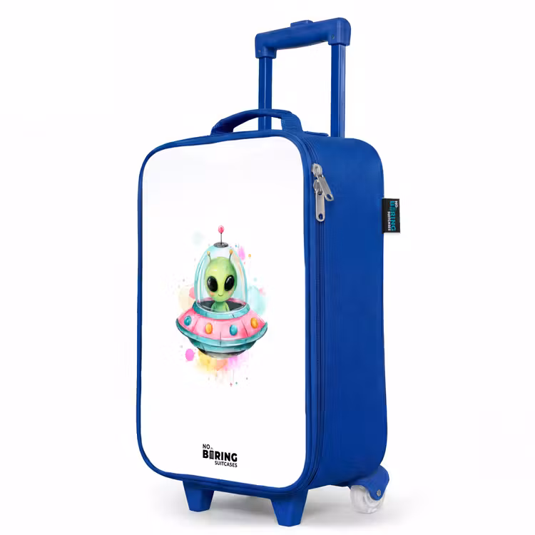 Kinderkoffer Blau - Grüner Außerirdischer in buntem UFO — 8