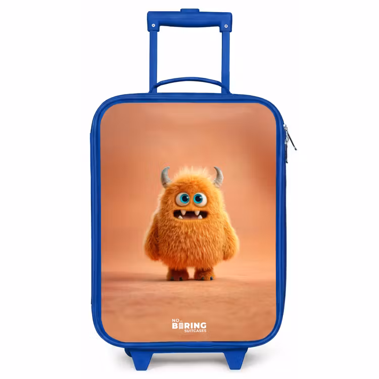 Kinderkoffer Blau - Orangefarbenes flauschiges Monster mit Hörnern — 1