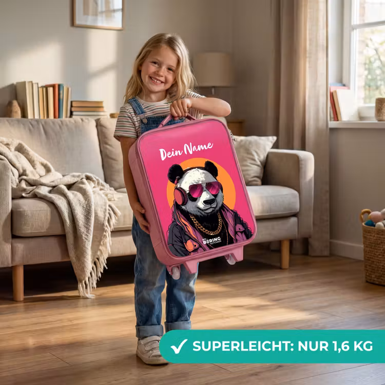 Kinderkoffer Rosa mit Name - Panda mit Kopfhörer, Sonnenbrille und Goldkette — 3