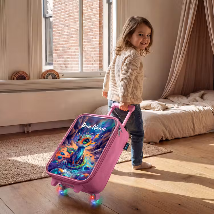 Kinderkoffer Rosa mit Name - Verschnörkelter Saphir-Drache — 2
