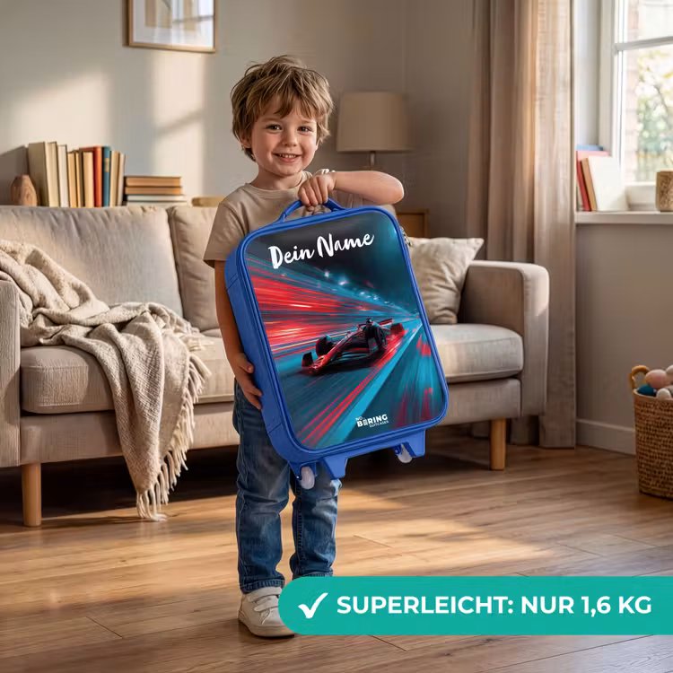 Kinderkoffer Blau mit Name - Formel 1 - Rennwagen - Rot - Neonlichter — 3