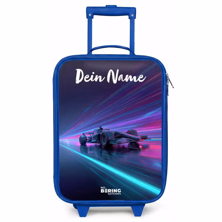 Kinderkoffer Blau mit Name - Lichtbalken - Neon - Rennwagen - Lila — 1