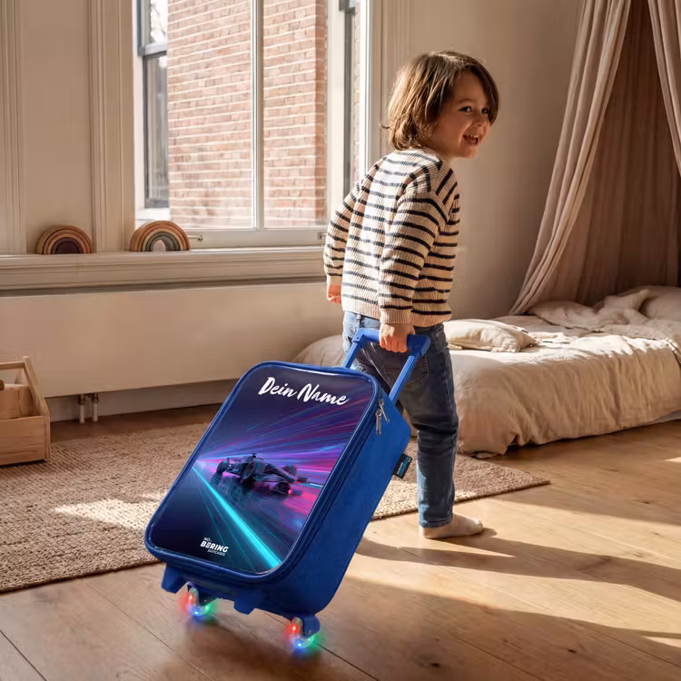 Kinderkoffer Blau mit Name - Lichtbalken - Neon - Rennwagen - Lila — 2