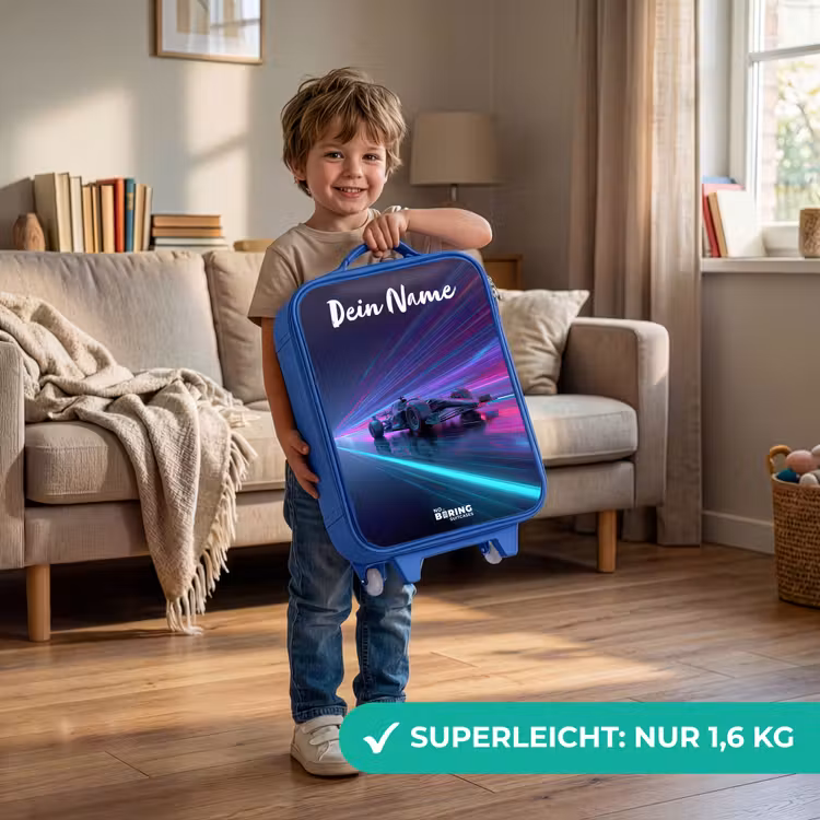Kinderkoffer Blau mit Name - Lichtbalken - Neon - Rennwagen - Lila — 3