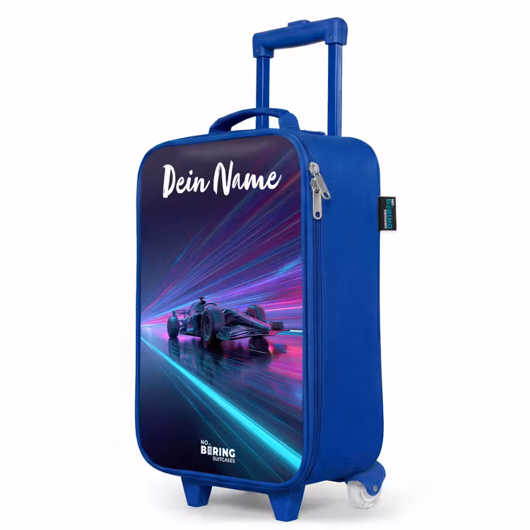 Kinderkoffer Blau mit Name - Lichtbalken - Neon - Rennwagen - Lila — 8