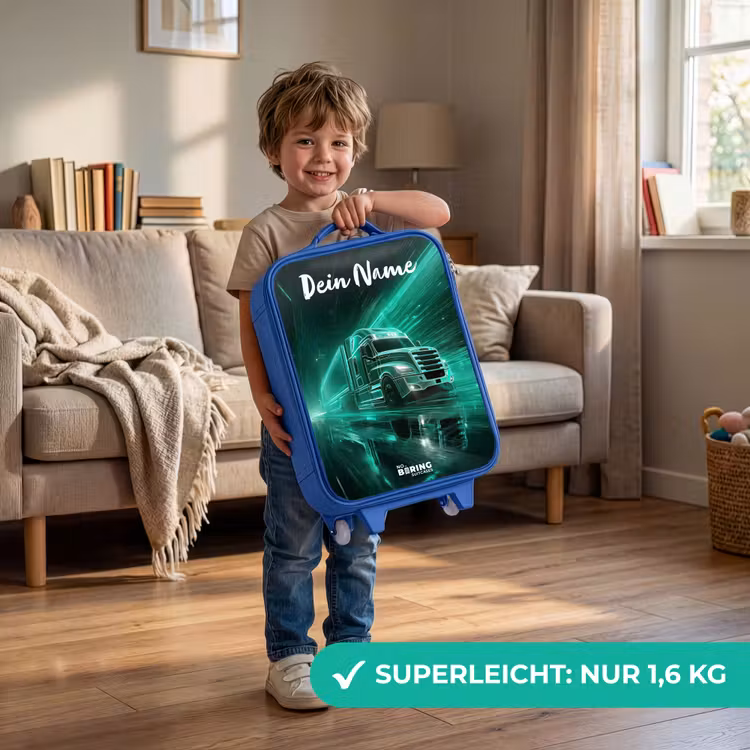 Kinderkoffer Blau mit Name - Lkw - Stadt - Grün - Neon — 3