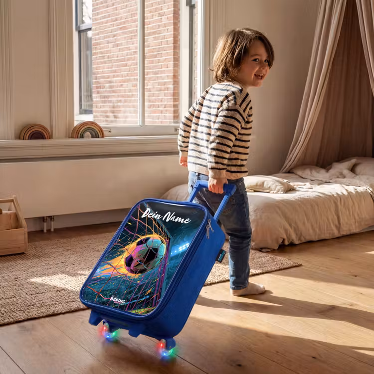 Kinderkoffer Blau mit Name - Neon - Netz - Fußball - Farbenfroh — 2