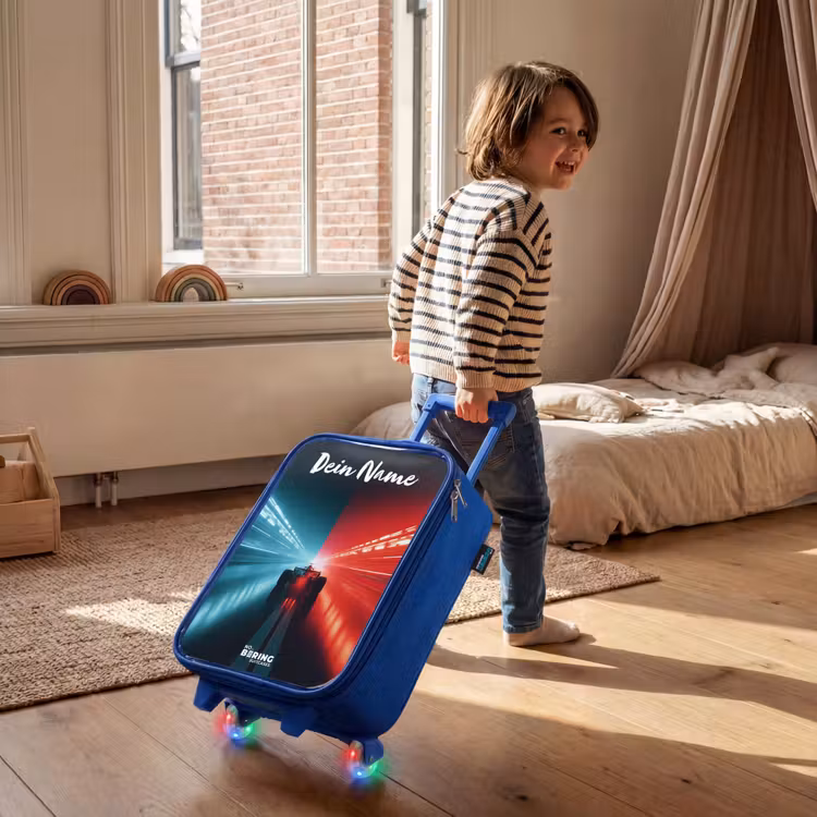Kinderkoffer Blau mit Name - Rennwagen - Beleuchtung - Neon - Rot — 2