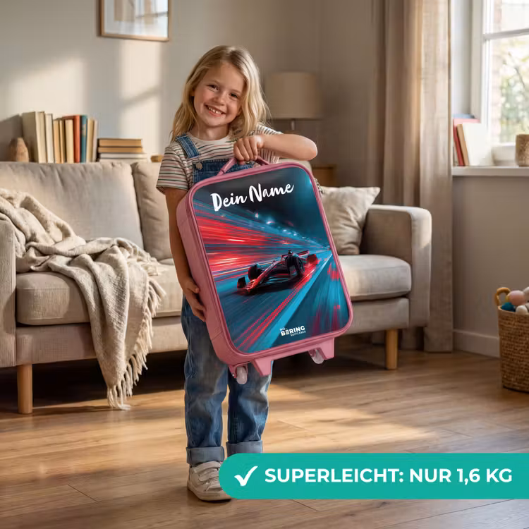 Kinderkoffer Rosa mit Name - Formel 1 - Rennwagen - Rot - Neonlichter — 3