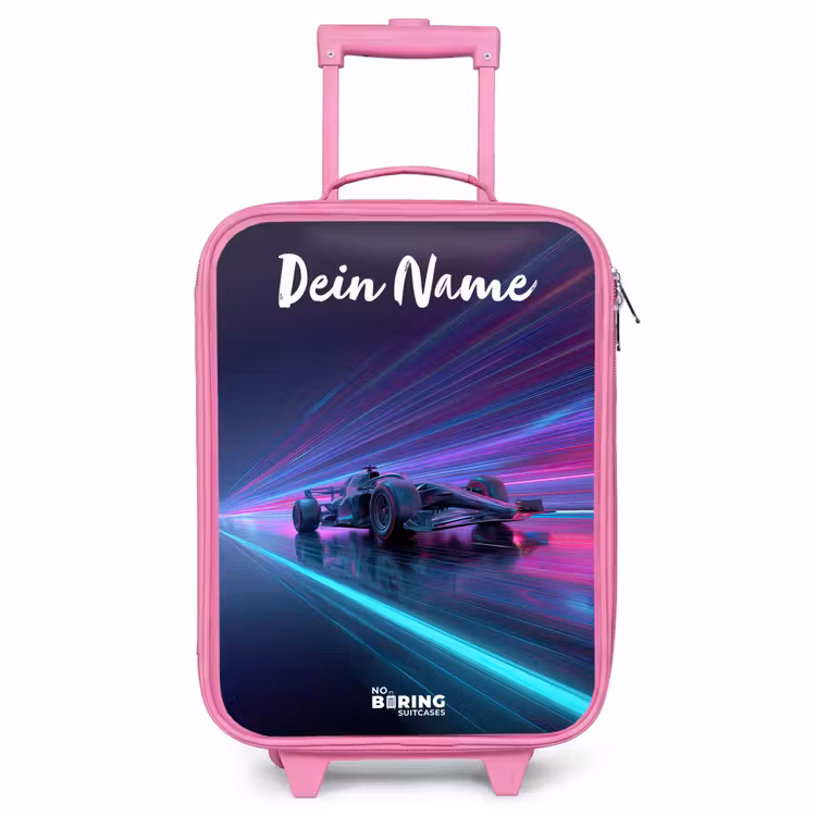Kinderkoffer Rosa mit Name - Lichtbalken - Neon - Rennwagen - Lila — 1