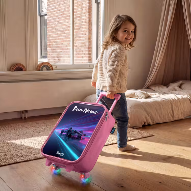 Kinderkoffer Rosa mit Name - Lichtbalken - Neon - Rennwagen - Lila — 2