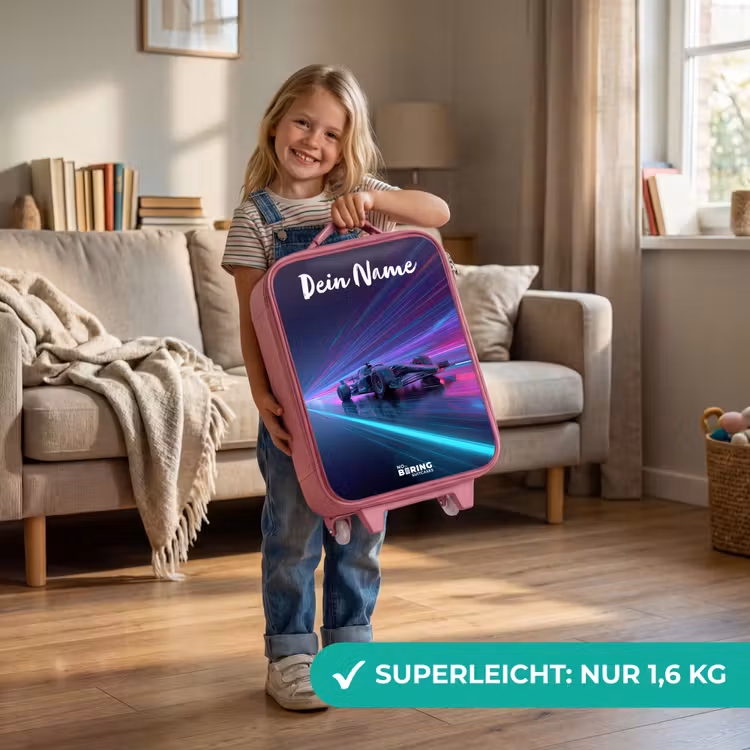 Kinderkoffer Rosa mit Name - Lichtbalken - Neon - Rennwagen - Lila — 3