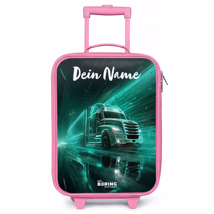 Kinderkoffer Rosa mit Name - Lkw - Stadt - Grün - Neon — 1