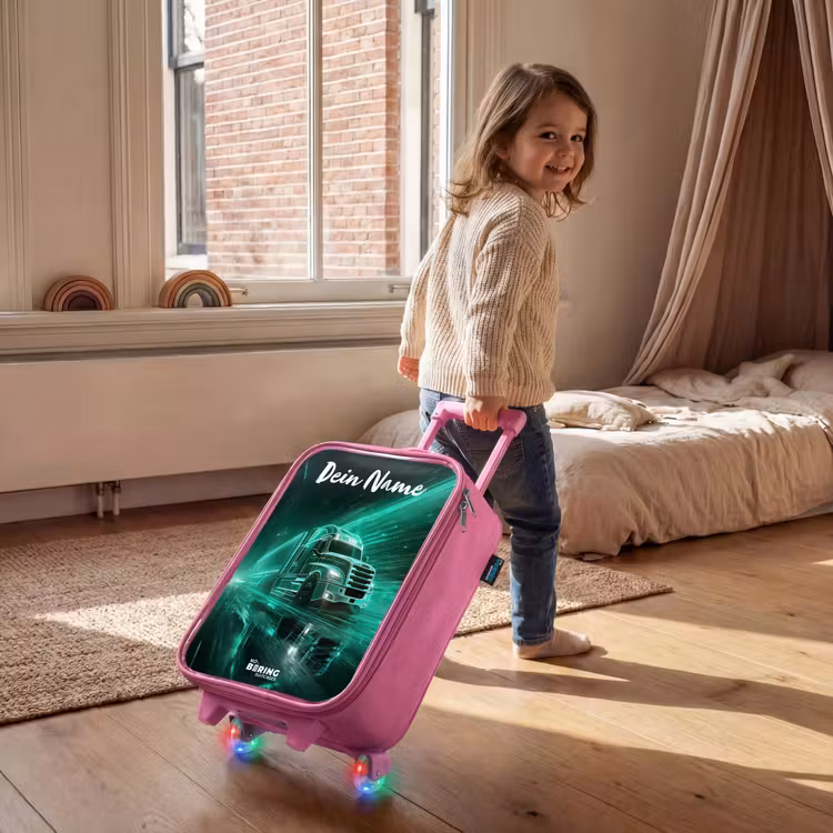 Kinderkoffer Rosa mit Name - Lkw - Stadt - Grün - Neon — 2