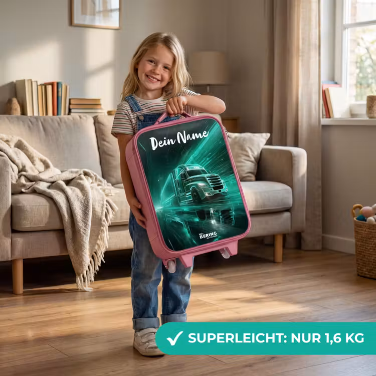 Kinderkoffer Rosa mit Name - Lkw - Stadt - Grün - Neon — 3