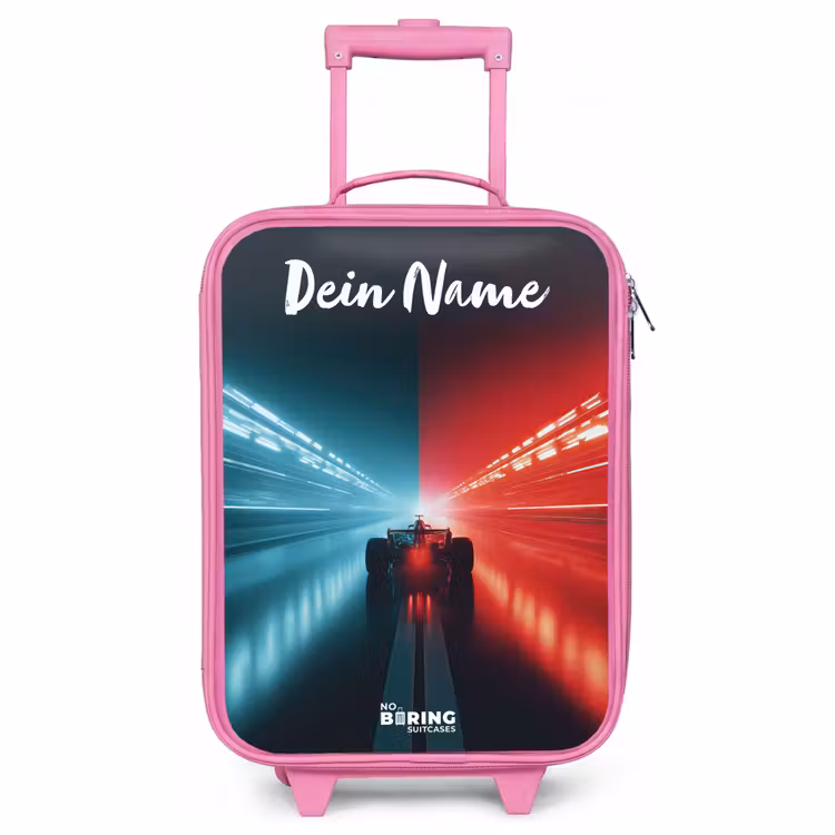 Kinderkoffer Rosa mit Name - Rennwagen - Beleuchtung - Neon - Rot — 1
