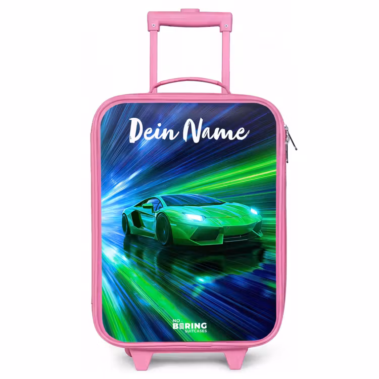 Kinderkoffer Rosa mit Name - Sportwagen - Grün - Geschwindigkeitslinien - Neon — 1