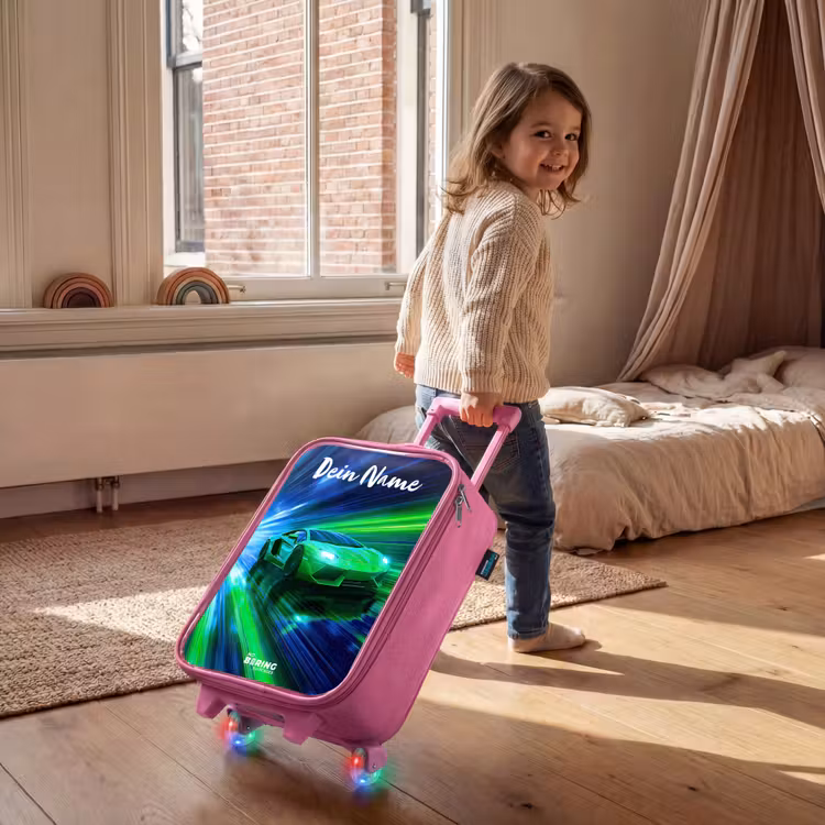 Kinderkoffer Rosa mit Name - Sportwagen - Grün - Geschwindigkeitslinien - Neon — 2