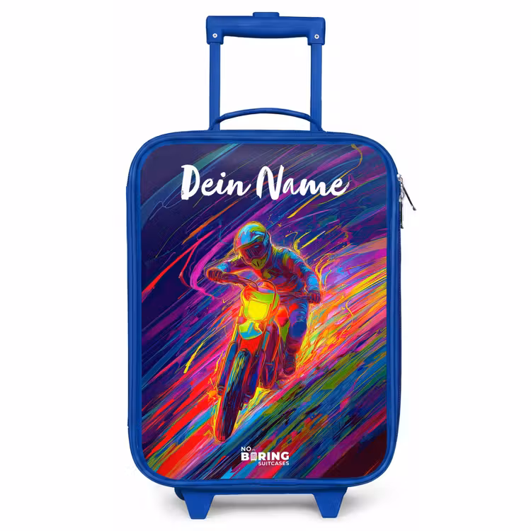 Kinderkoffer Blau mit Name - Crossrad - Neonfarben - Linien - Helm — 1