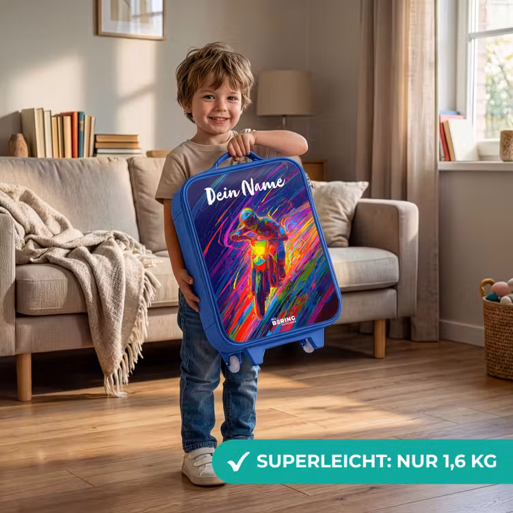 Kinderkoffer Blau mit Name - Crossrad - Neonfarben - Linien - Helm — 3