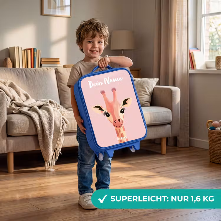 Kinderkoffer Blau mit Name - Giraffe - Wimpern - Minimalistisch - Rosa — 3