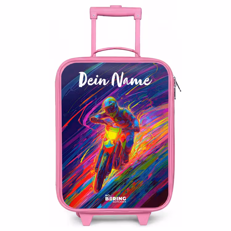 Kinderkoffer Rosa mit Name - Crossrad - Neonfarben - Linien - Helm — 1