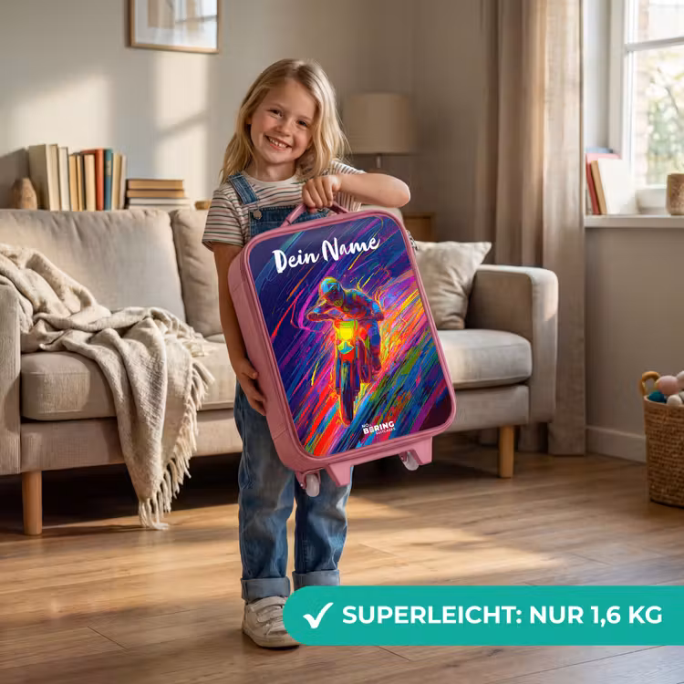Kinderkoffer Rosa mit Name - Crossrad - Neonfarben - Linien - Helm — 3