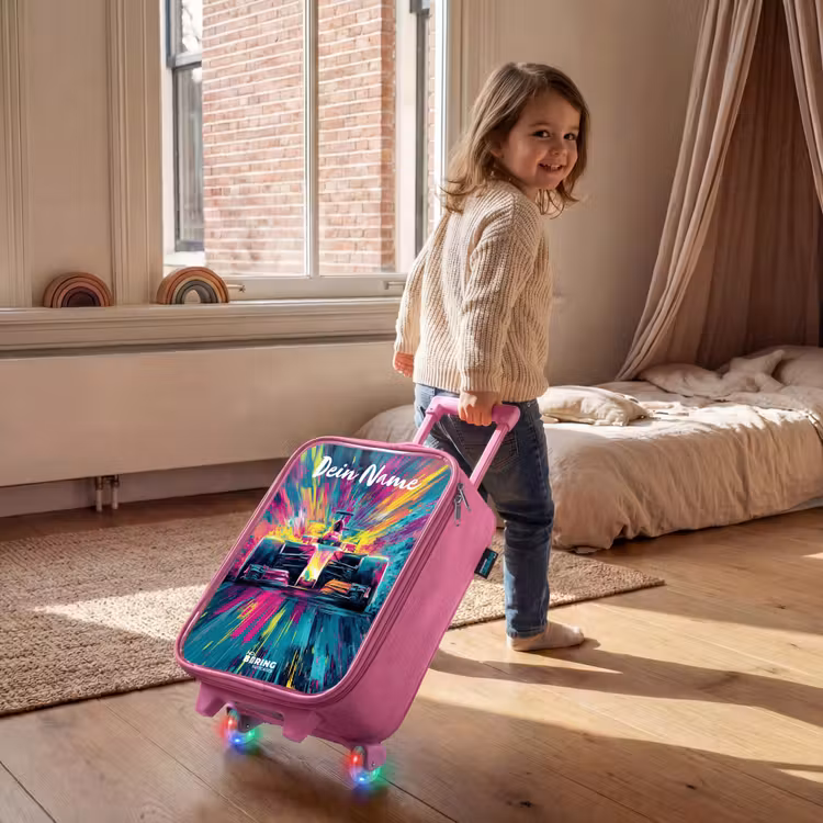 Kinderkoffer Rosa mit Name - Rennwagen - Abstrakt - Streifen - Blau — 2