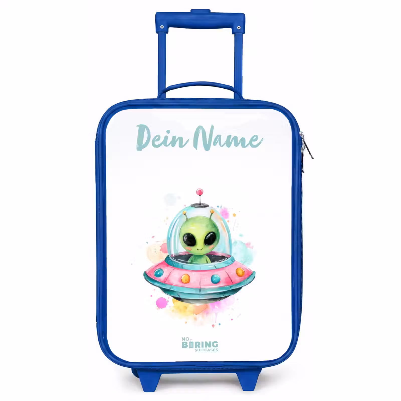 Kinderkoffer Blau mit Name - Grüner Außerirdischer in buntem UFO — 1