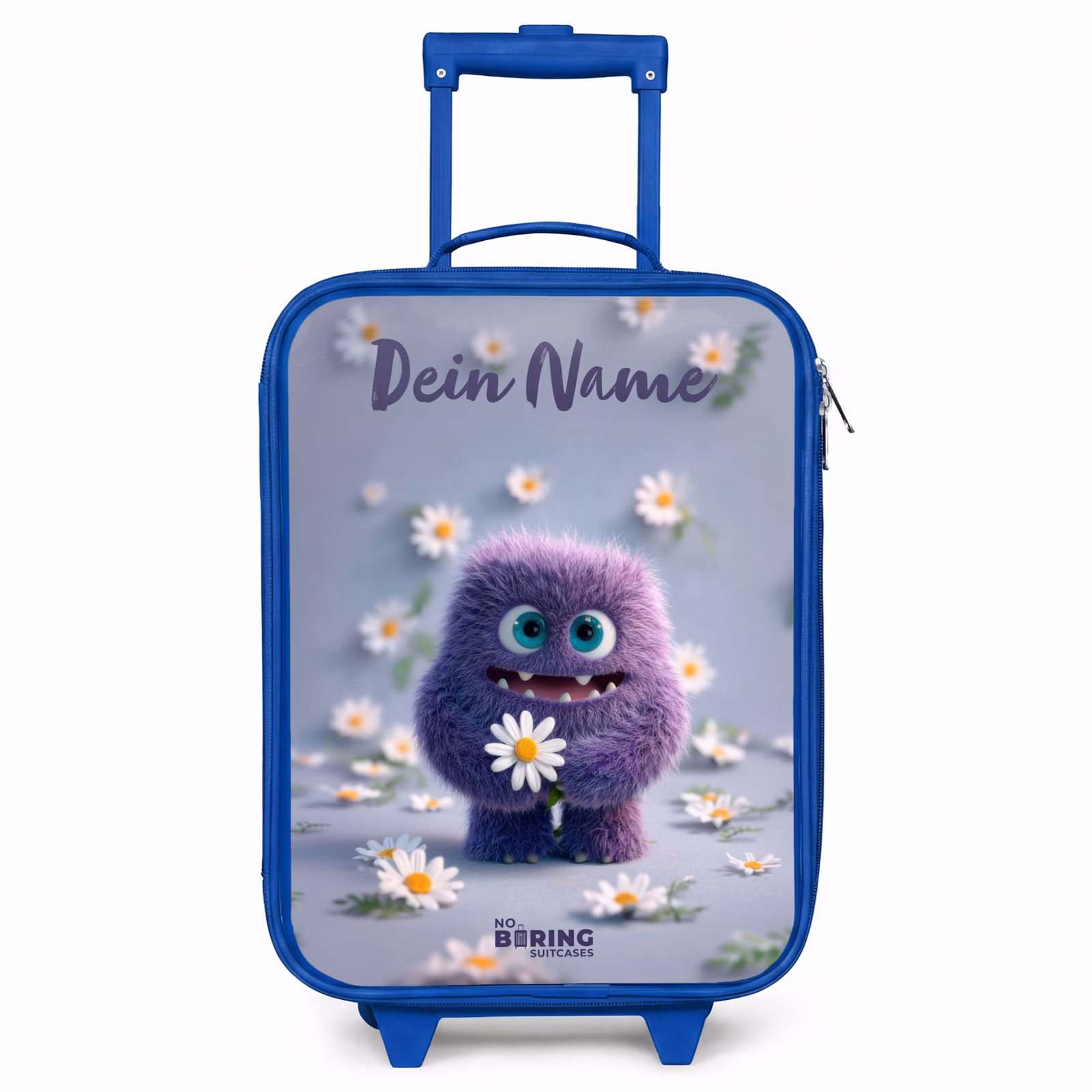 Kinderkoffer Blau mit Name - Lila flauschiger Freund mit Gänseblümchen — 1