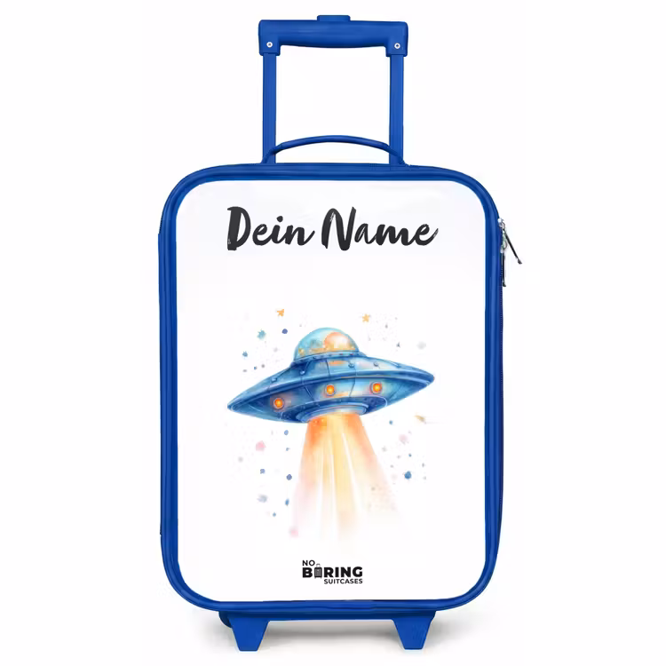 Kinderkoffer Blau mit Name - Blaues Raumschiff mit Lichtstrahl — 1