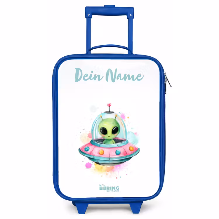 Kinderkoffer Blau mit Name - Grüner Außerirdischer in buntem UFO — 1
