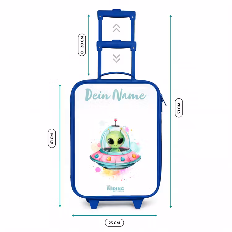 Kinderkoffer Blau mit Name - Grüner Außerirdischer in buntem UFO — 7