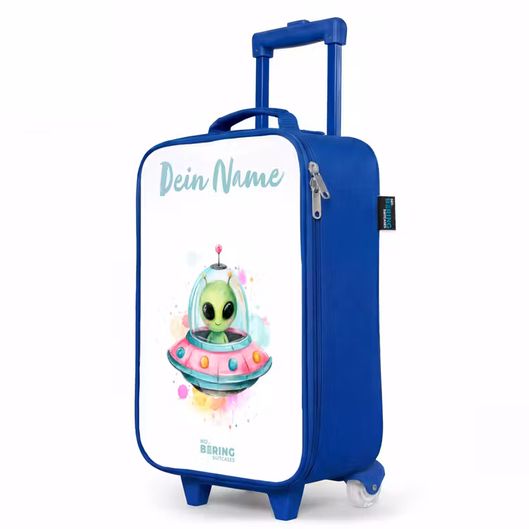 Kinderkoffer Blau mit Name - Grüner Außerirdischer in buntem UFO — 8