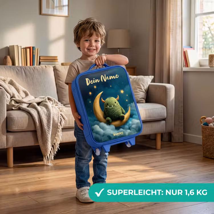 Kinderkoffer Blau mit Name - Grünes Ungeheuer auf Mondsichel — 3