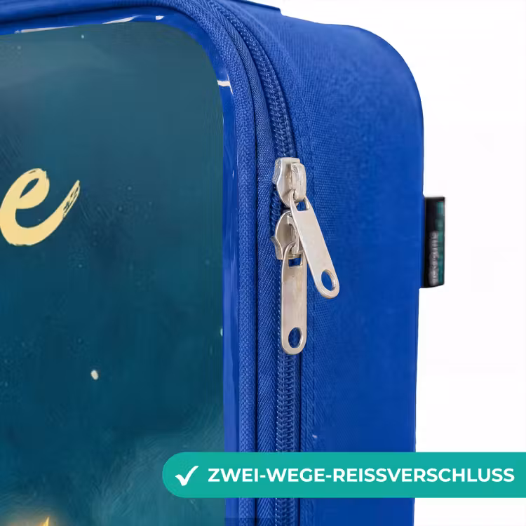 Kinderkoffer Blau mit Name - Grünes Ungeheuer auf Mondsichel — 5