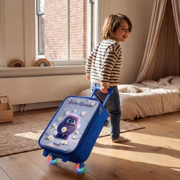 Kinderkoffer Blau mit Name - Lila flauschiger Freund mit Gänseblümchen — 2