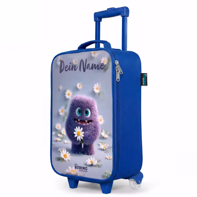 Kinderkoffer Blau mit Name - Lila flauschiger Freund mit Gänseblümchen — 8