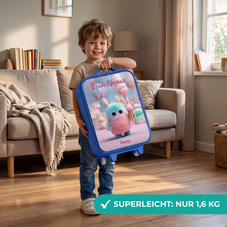 Kinderkoffer Blau mit Name - Süßes Monster Süßigkeiten Abenteuer — 3