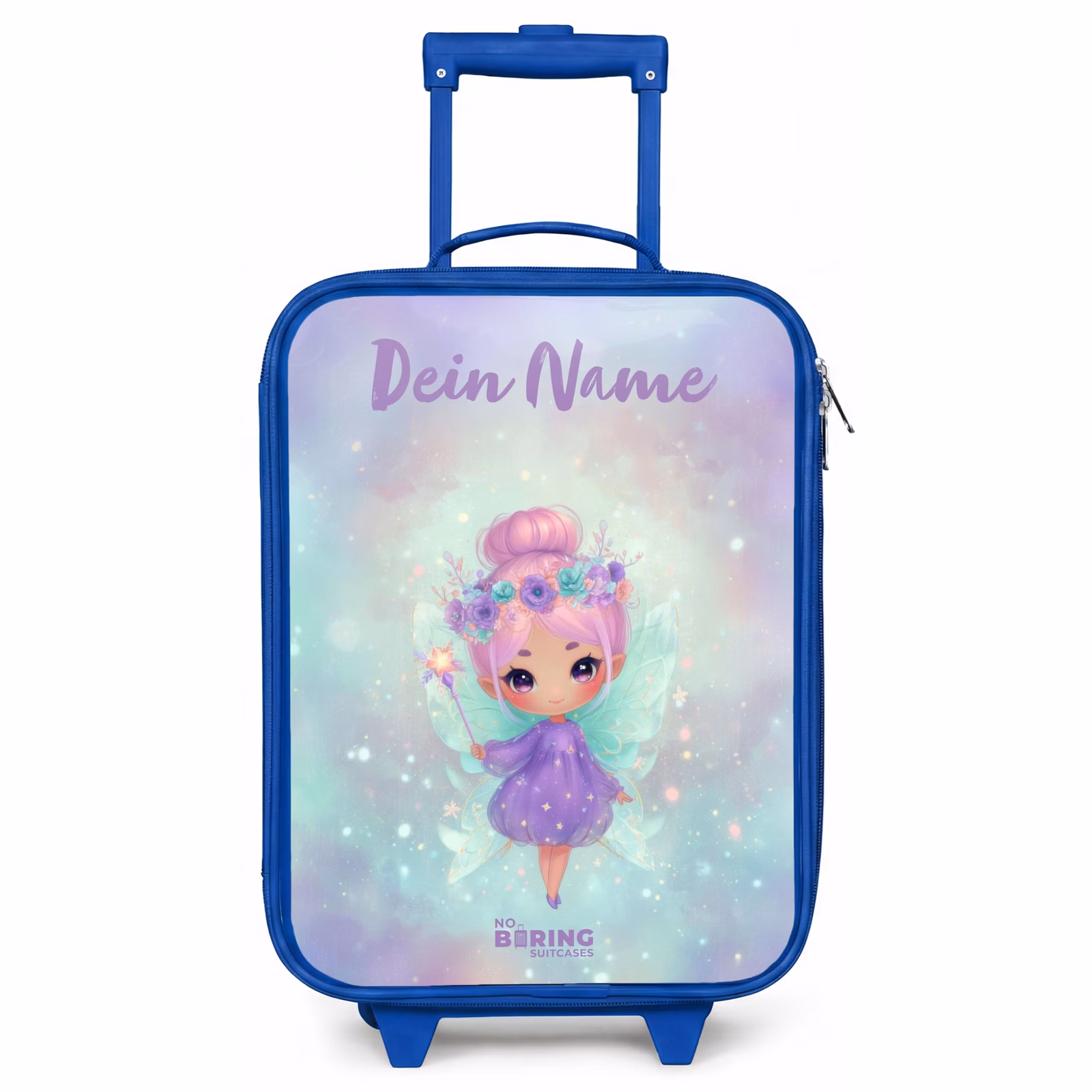 Kinderkoffer Blau mit Name - Blumenfee in pastellfarbenem Glanz — 1