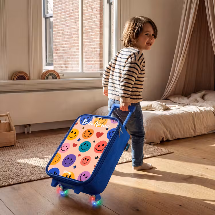 Kinderkoffer Blau mit Name - Fröhliches Smiley-Muster — 2
