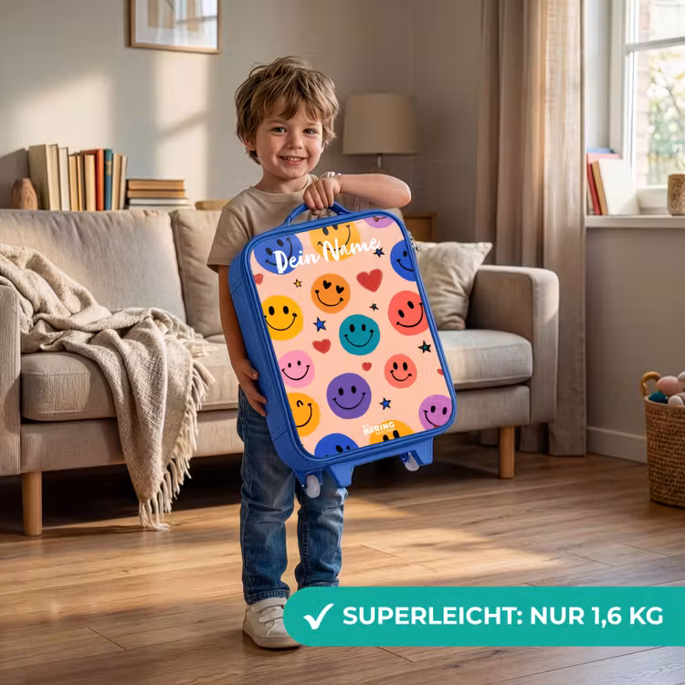 Kinderkoffer Blau mit Name - Fröhliches Smiley-Muster — 3