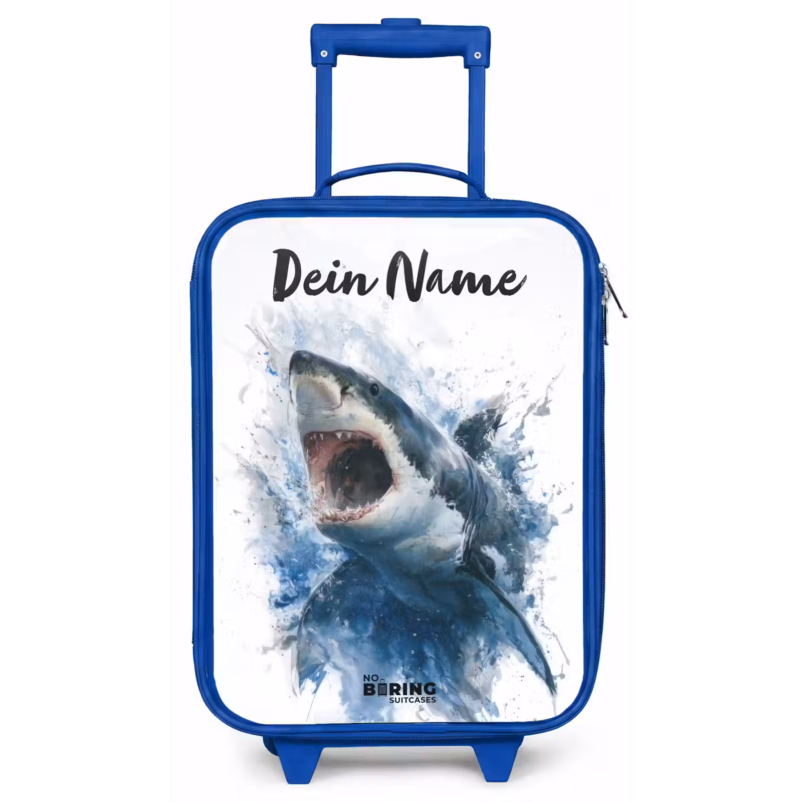 Kinderkoffer Blau mit Name - Angreifender Hai in Aquarell — 1
