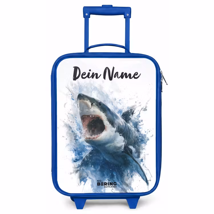 Kinderkoffer Blau mit Name - Angreifender Hai in Aquarell — 1