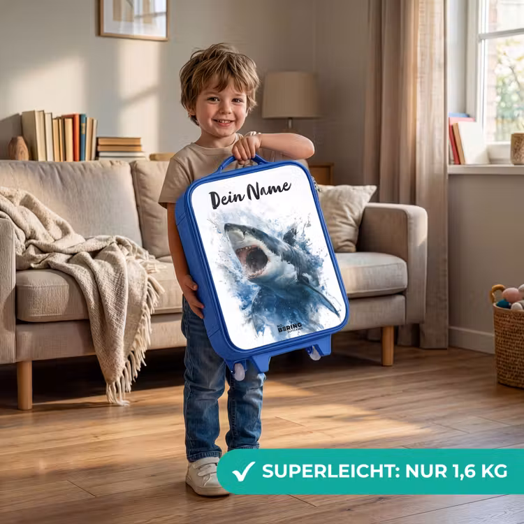 Kinderkoffer Blau mit Name - Angreifender Hai in Aquarell — 3
