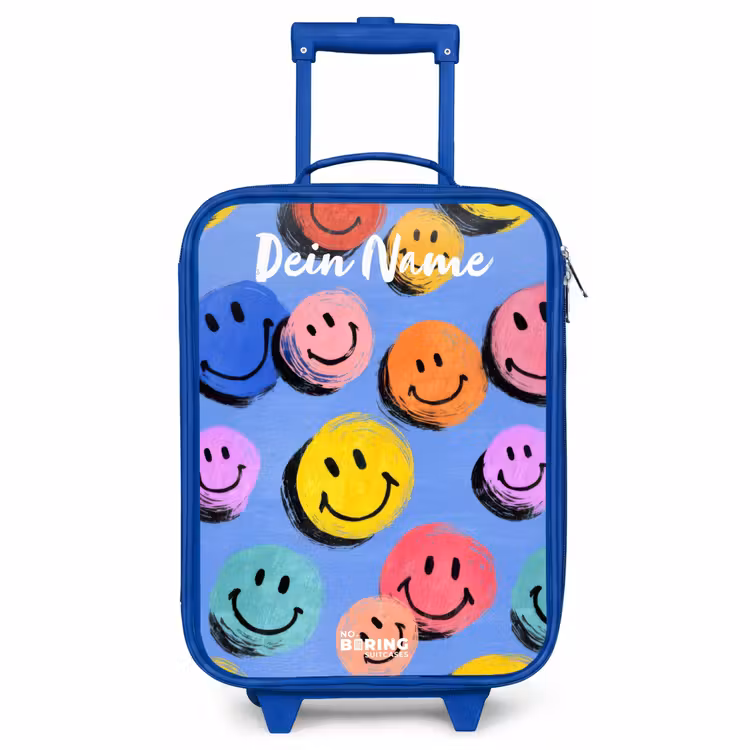 Kinderkoffer Blau mit Name - Ein verspieltes und künstlerisches Muster aus bunten Smileys — 1