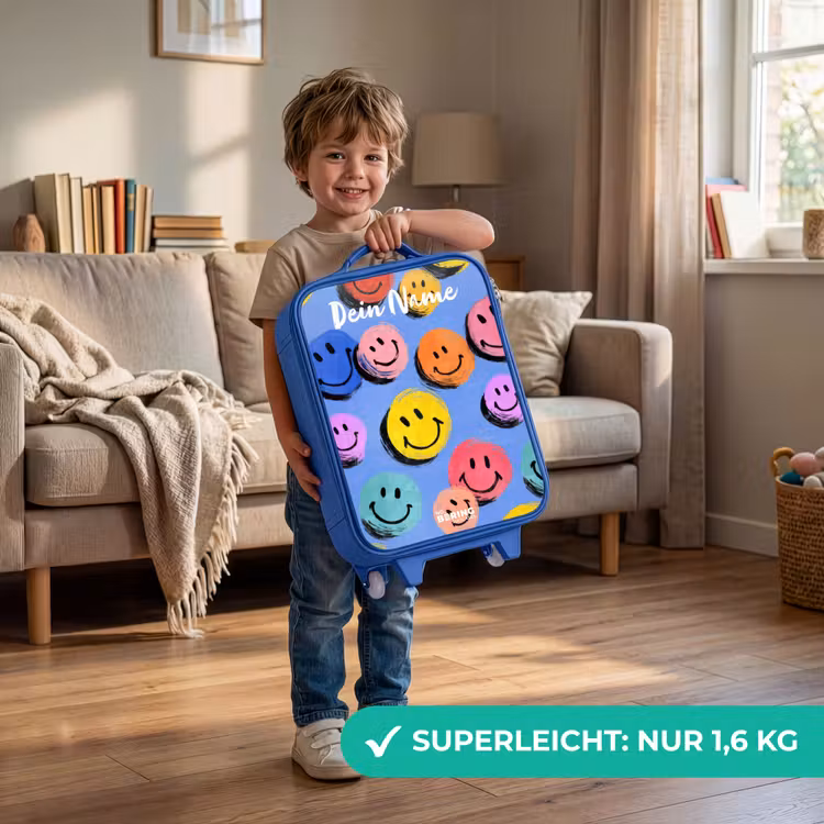Kinderkoffer Blau mit Name - Ein verspieltes und künstlerisches Muster aus bunten Smileys — 3