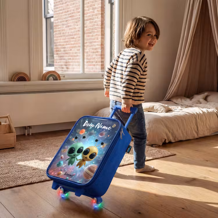 Kinderkoffer Blau mit Name - Fröhliche außerirdische Freunde — 2