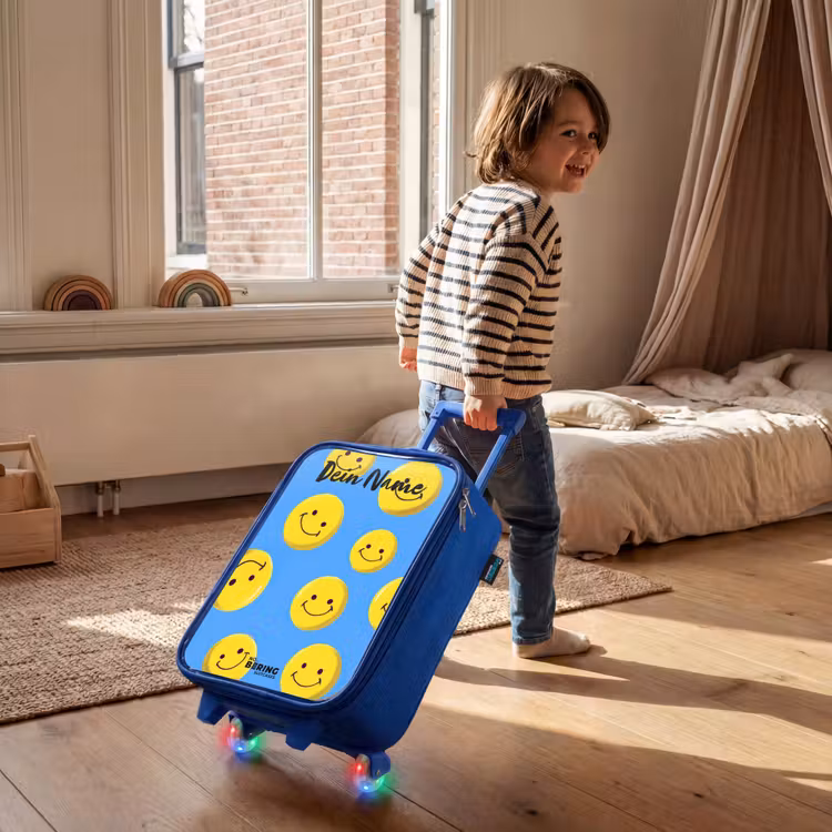 Kinderkoffer Blau mit Name - Fröhlicher Smiley-Regen — 2